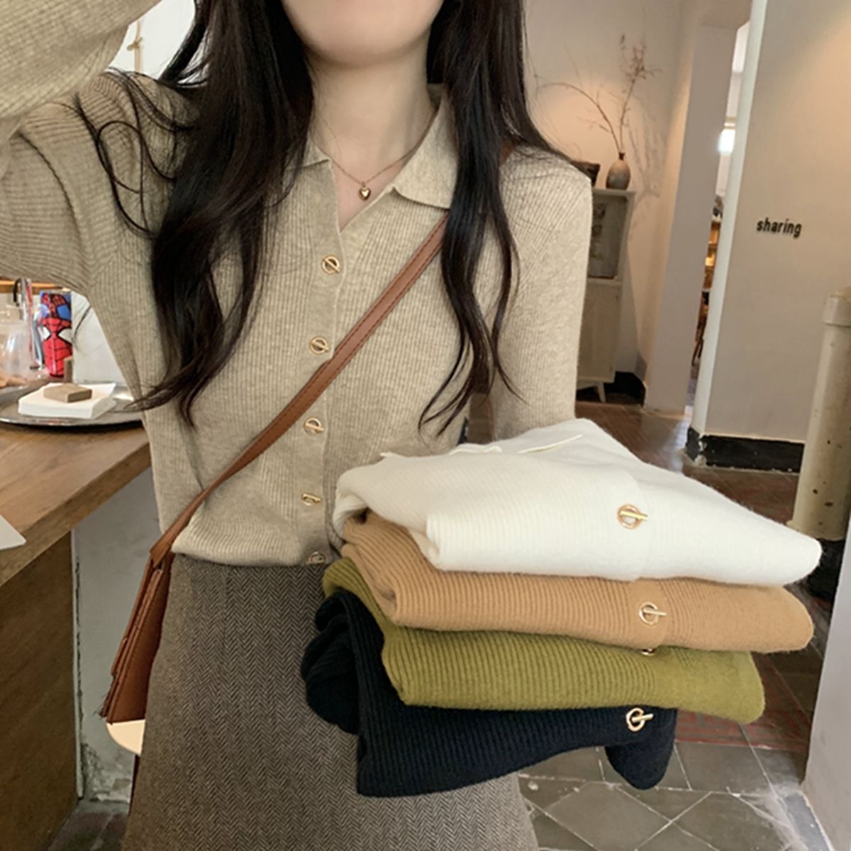 Autumn 2023 new polo collar temperament design niche bottoming knitted cardigan sweater jacket top for women