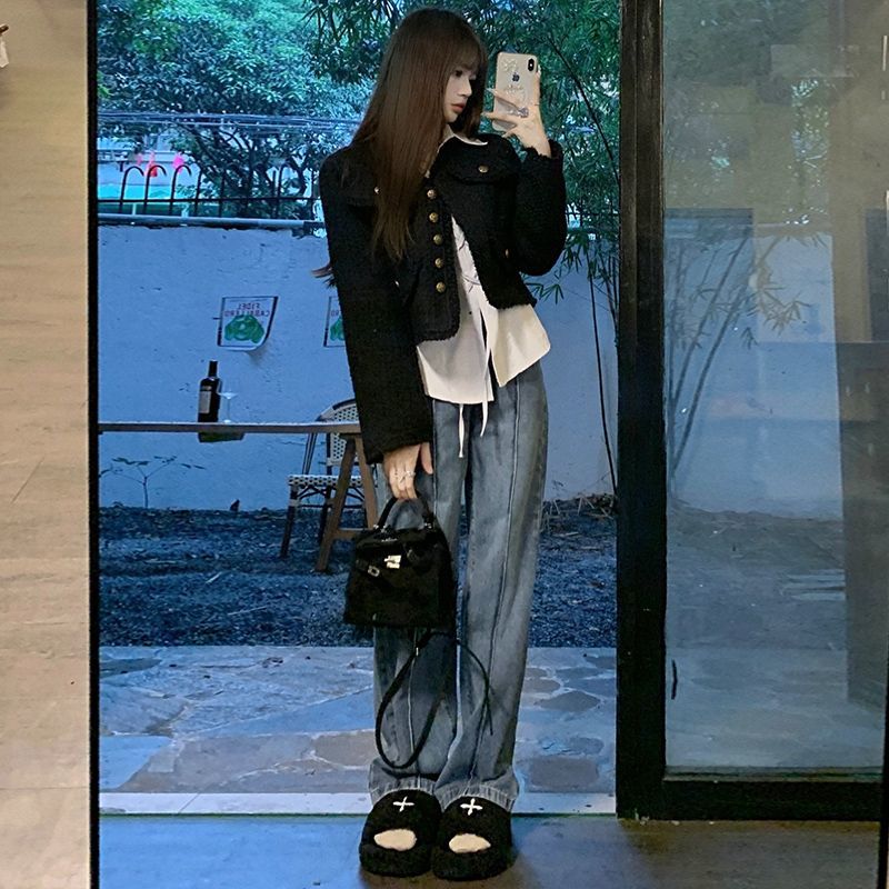 Black small fragrant jacket for women petite 2023 spring and autumn new high-end and temperament French wool short top