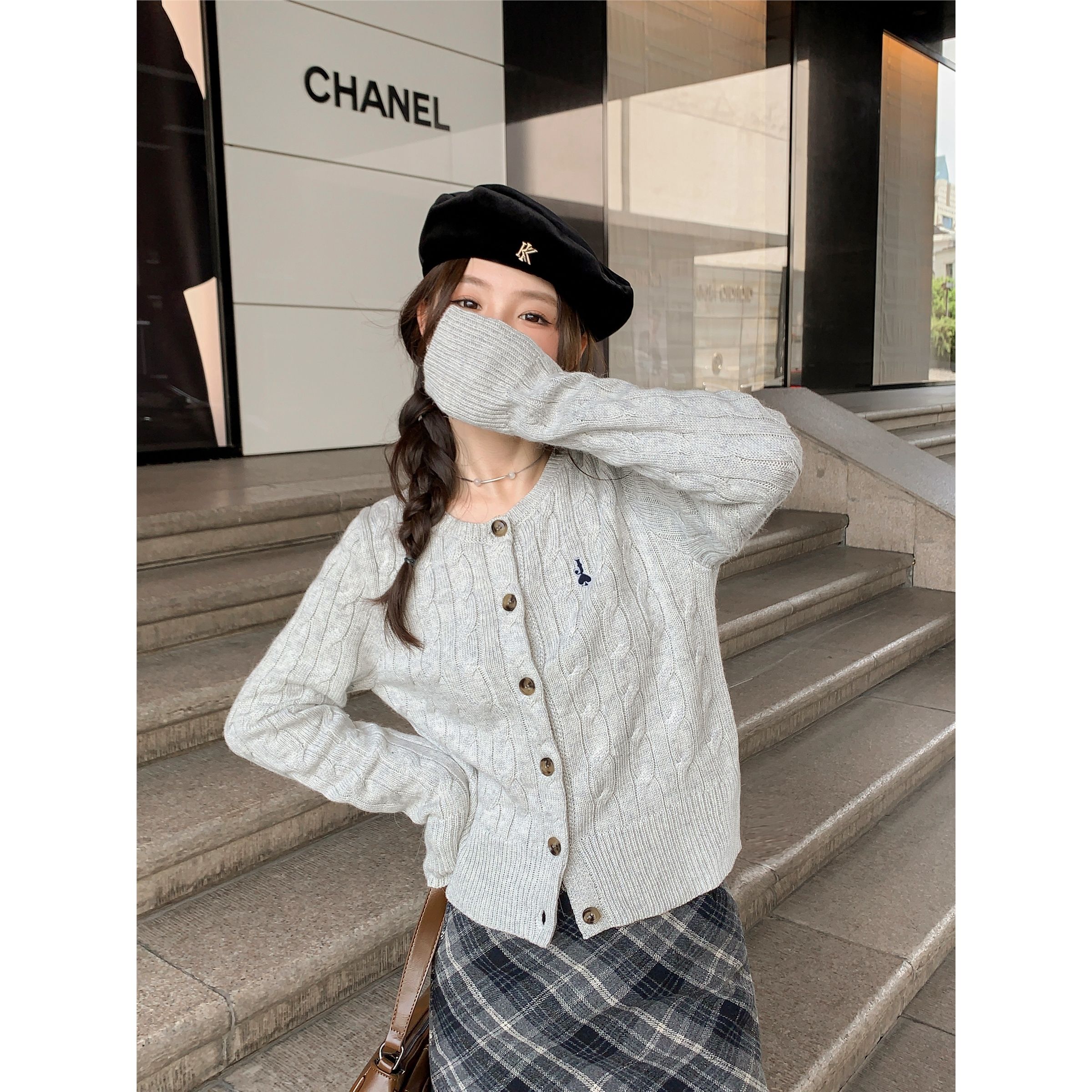 New Korean style thick hemp embroidered knitted cardigan for women autumn and winter college style versatile jacket top