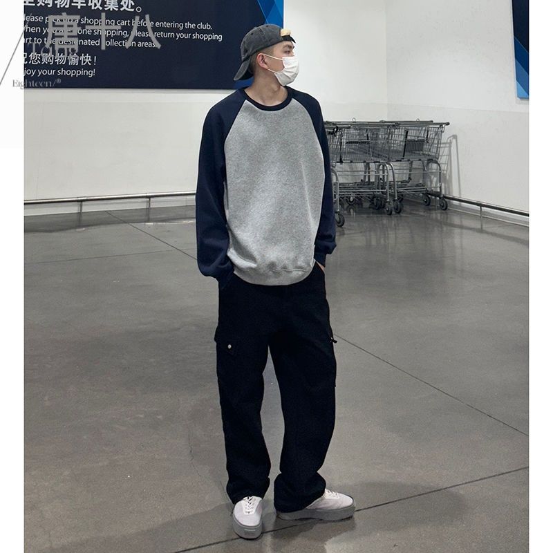 美式簡約重磅純色插肩圓領衛衣男秋冬季潮牌寬鬆休閒拼接撞色上衣