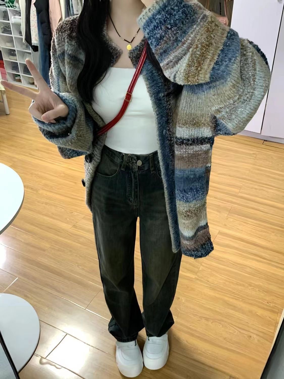 高品質藍灰高腰牛仔褲女秋冬2023款顯瘦寬鬆直筒大碼百搭闊腿長褲