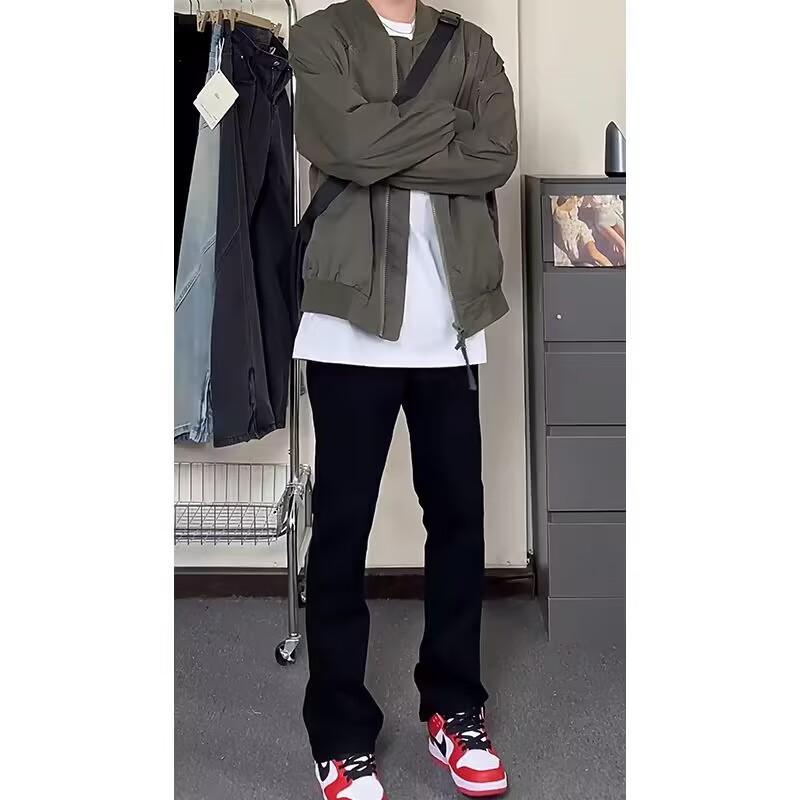 High street spring and autumn micro-flare jeans men's American vibe pants trendy handsome black basic loose straight pants