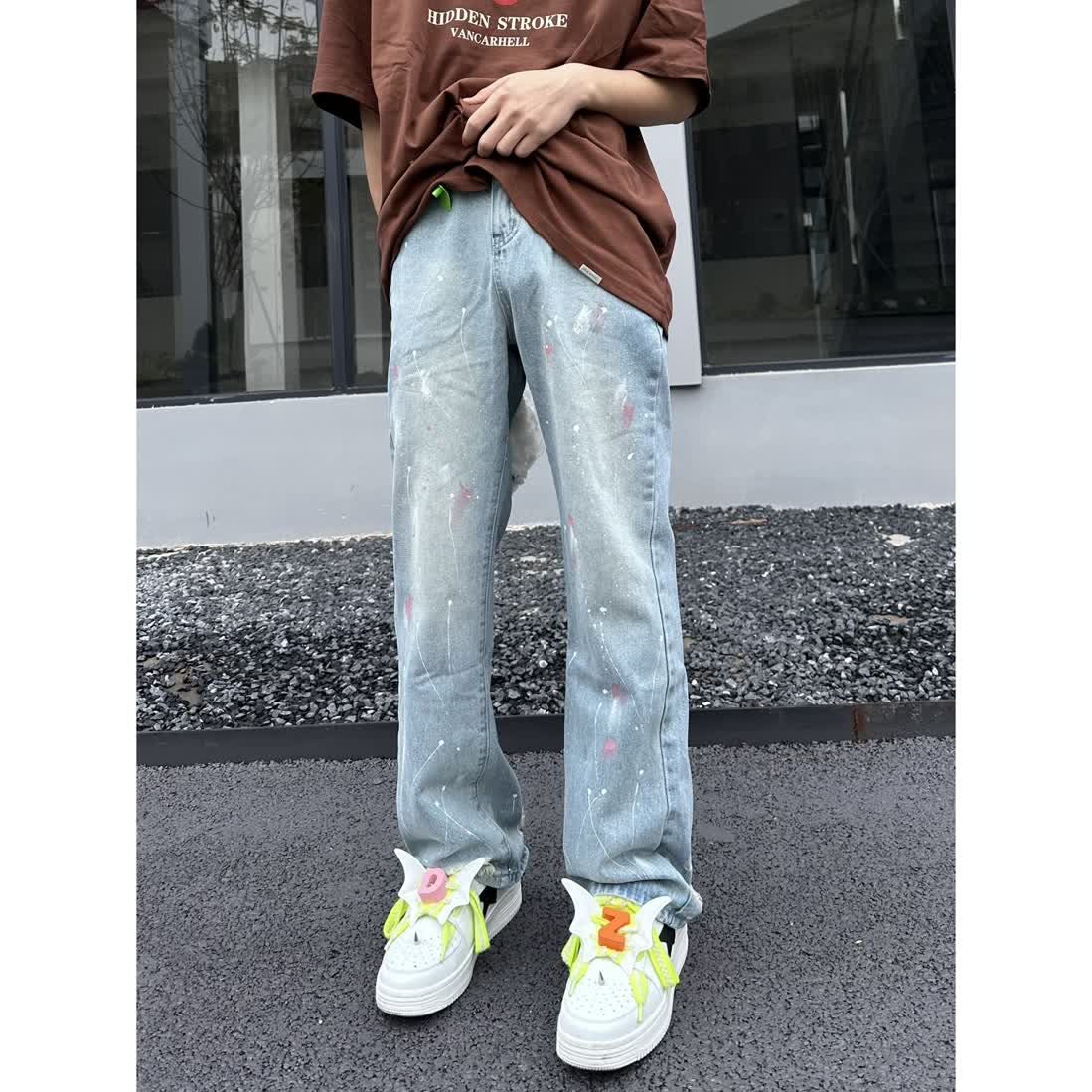 美式復古設計感破洞潑墨牛仔褲男小眾高腰直筒顯瘦寬鬆褲子男ins