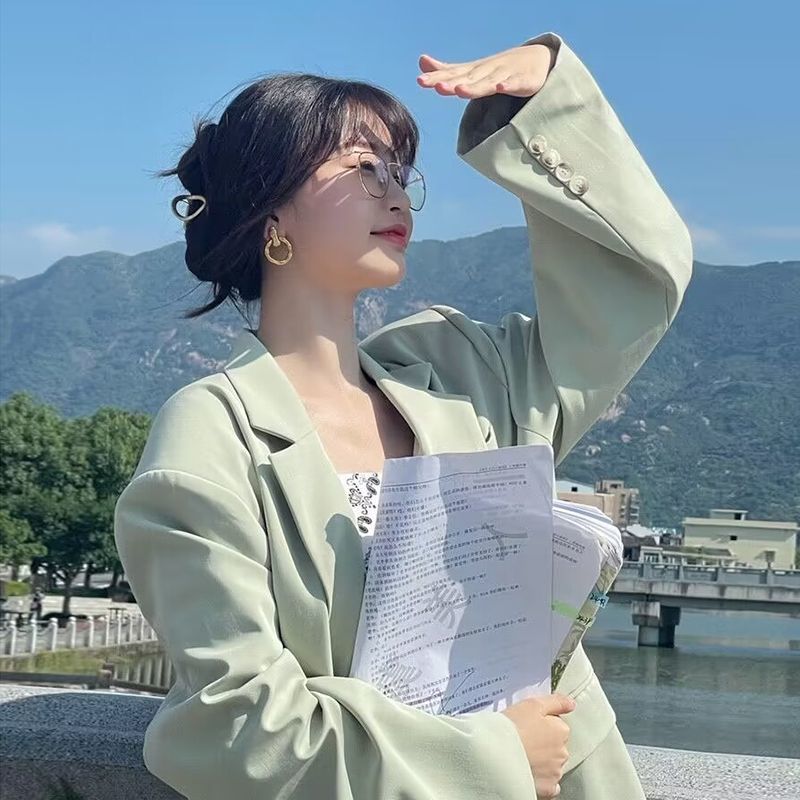Green suit jacket for women small casual 2023 new spring and autumn suit Korean style high-end top