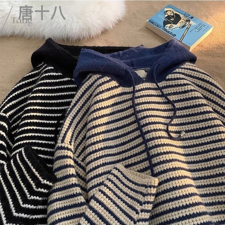 日系vintage復古條紋連帽針織衫外套男秋冬韓系chic慵懶bf風毛衣