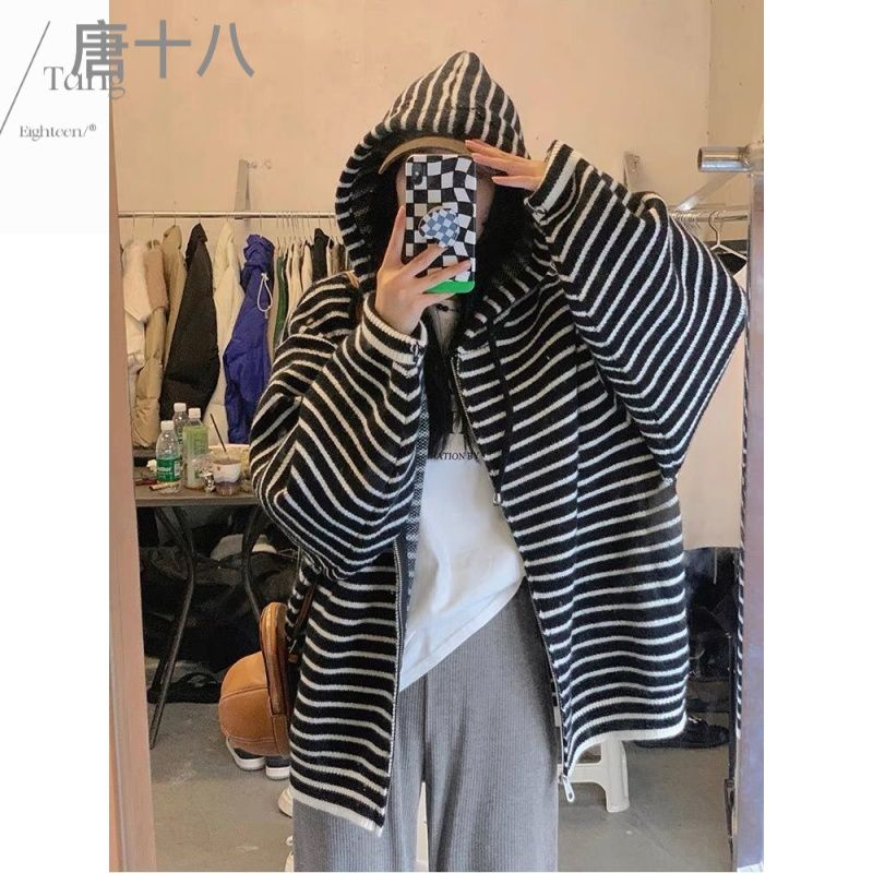 oversize慵懶風長袖條紋連帽拉鏈開衫毛衣男女秋冬寬鬆針織衫外套