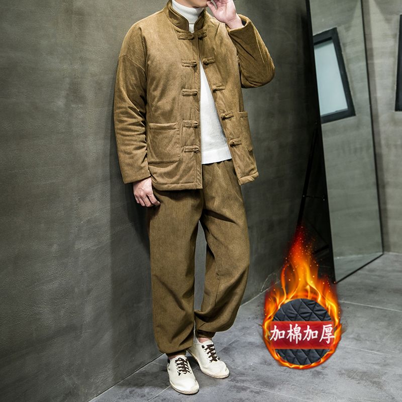 冬季中国风男棉衣套装加厚保暖两件套复古休闲中式盘扣灯芯绒外套