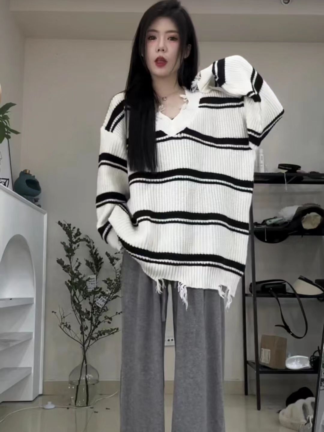 慵懶風別致流蘇針織衫上衣女秋冬韓版新款寬鬆條紋V領套頭毛衣女