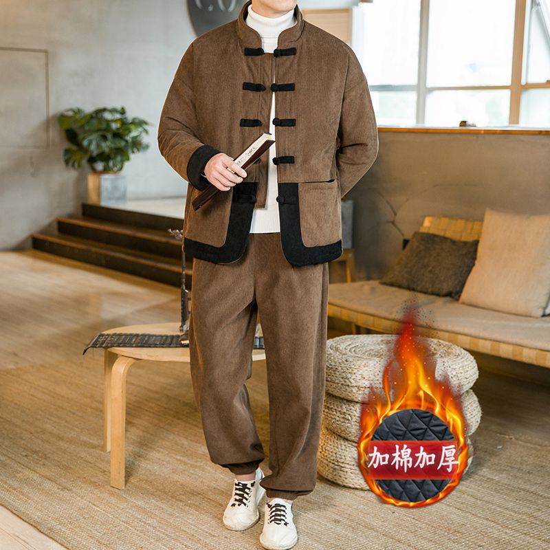 冬季男加厚保暖燈芯絨套裝中國風復古盤扣唐裝棉衣中式條絨兩件套