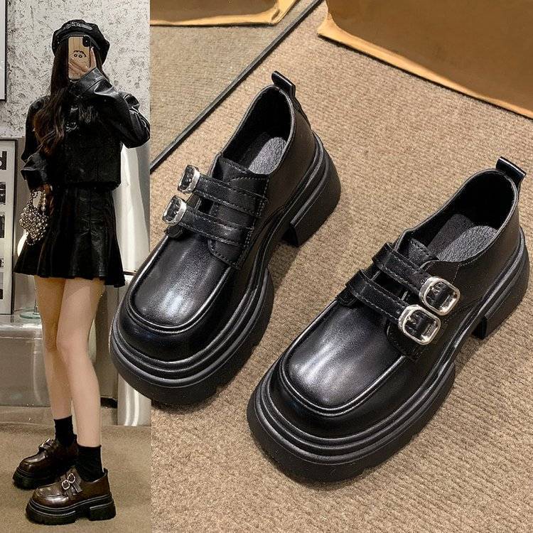 學院風厚底樂福鞋女2023秋季新款英倫搭扣小皮鞋松糕粗跟制服單鞋