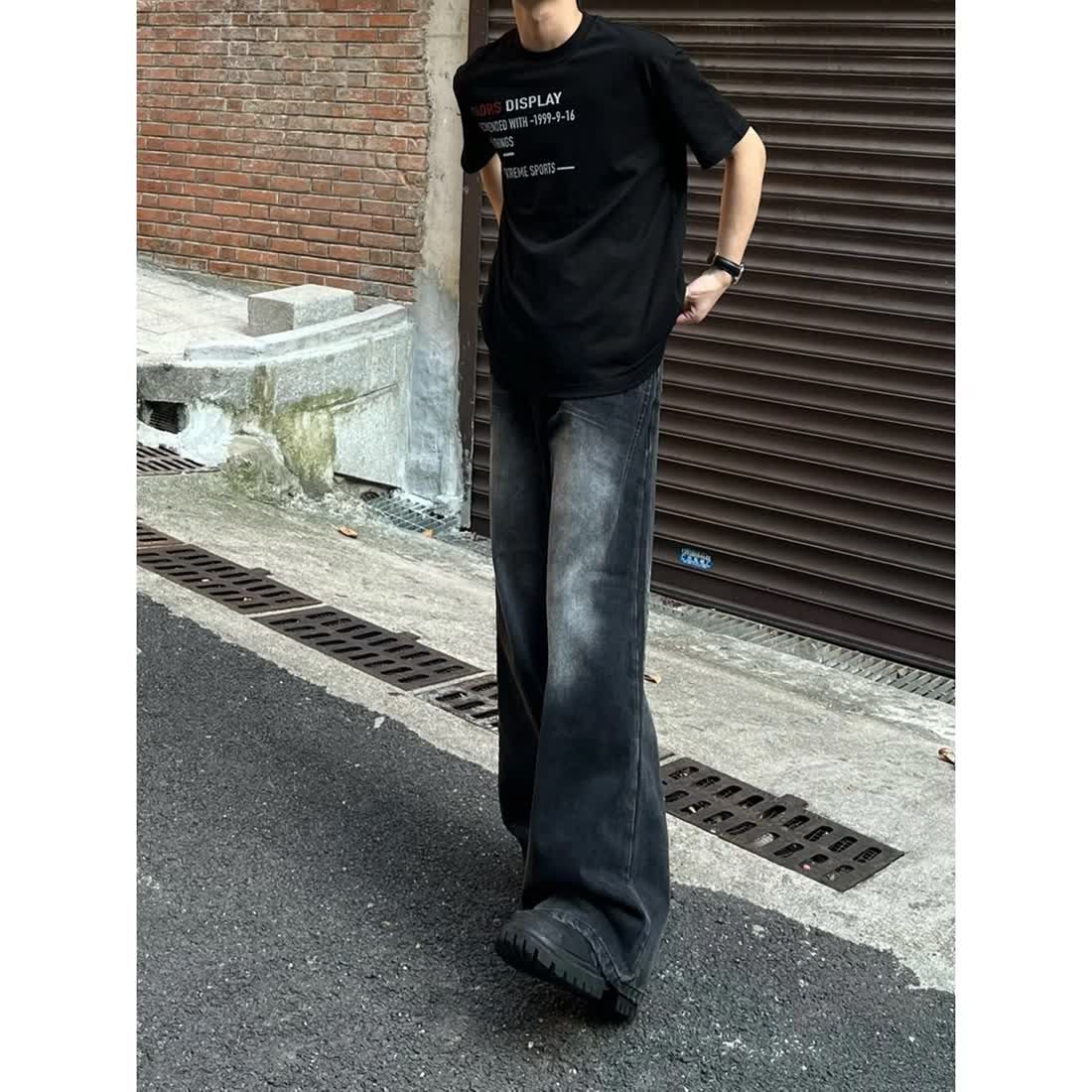 美式街頭秋季洗水復古漸變黑牛仔褲男闊腿寬鬆直筒拖地長褲ins潮