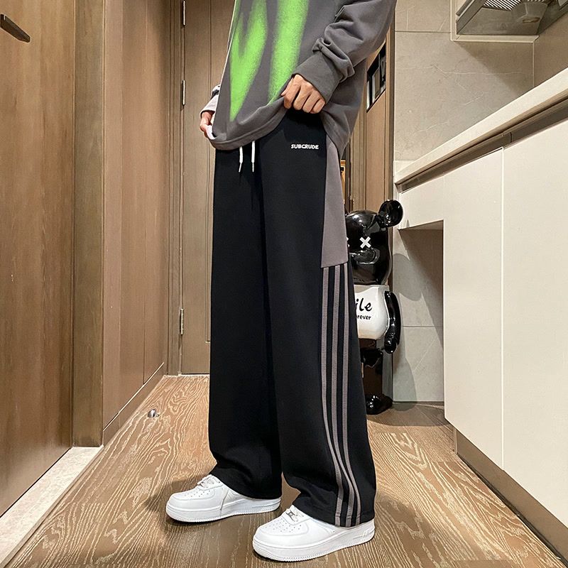 320g heavyweight striped pants men's autumn American sports wide-leg pants fat men large size loose casual straight trousers