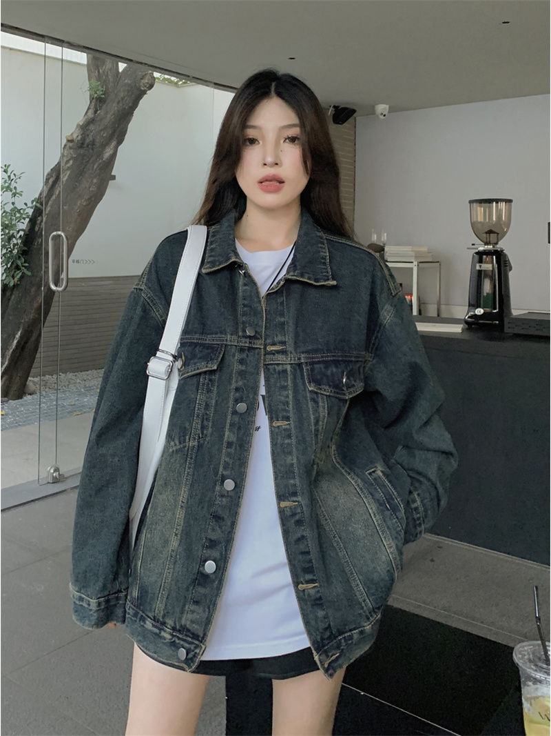 American washed distressed denim jacket for women in autumn and winter new trendy denim loose casual long-sleeved jacket trendy top