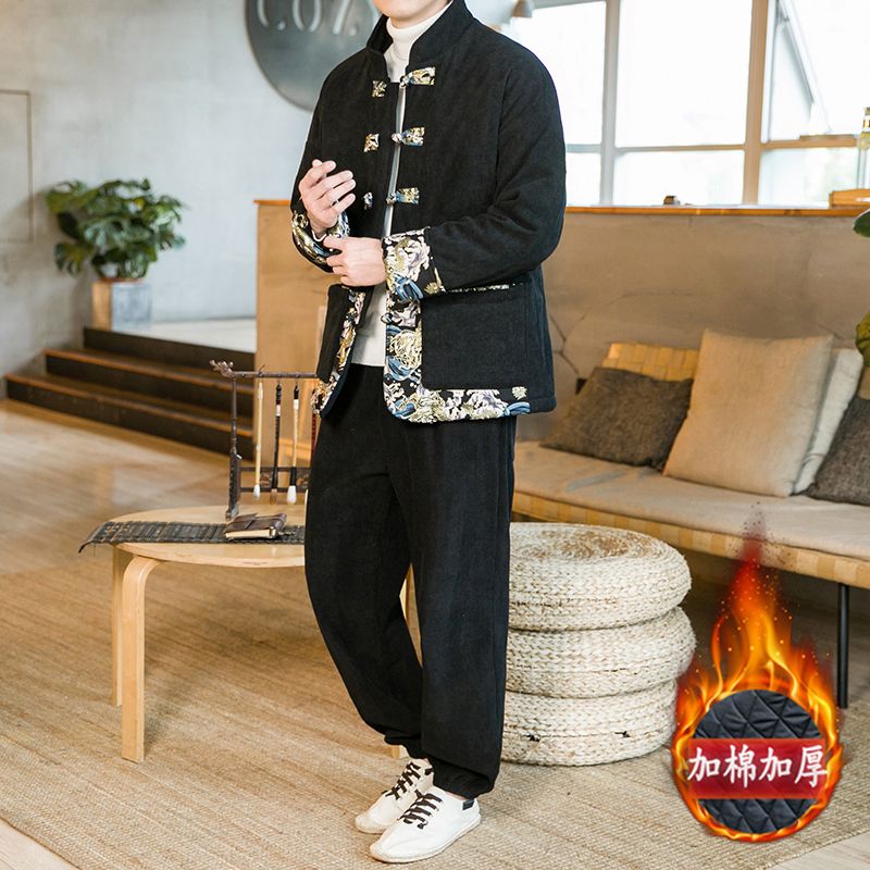 燈芯絨棉衣男加厚冬季中國風棉襖套裝中老年棉服新中式唐裝外套潮