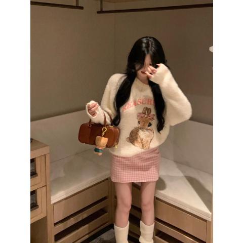 慵懶風兔子提花毛衣女秋冬溫柔甜美寬鬆加厚長袖針織衫毛絨絨上衣