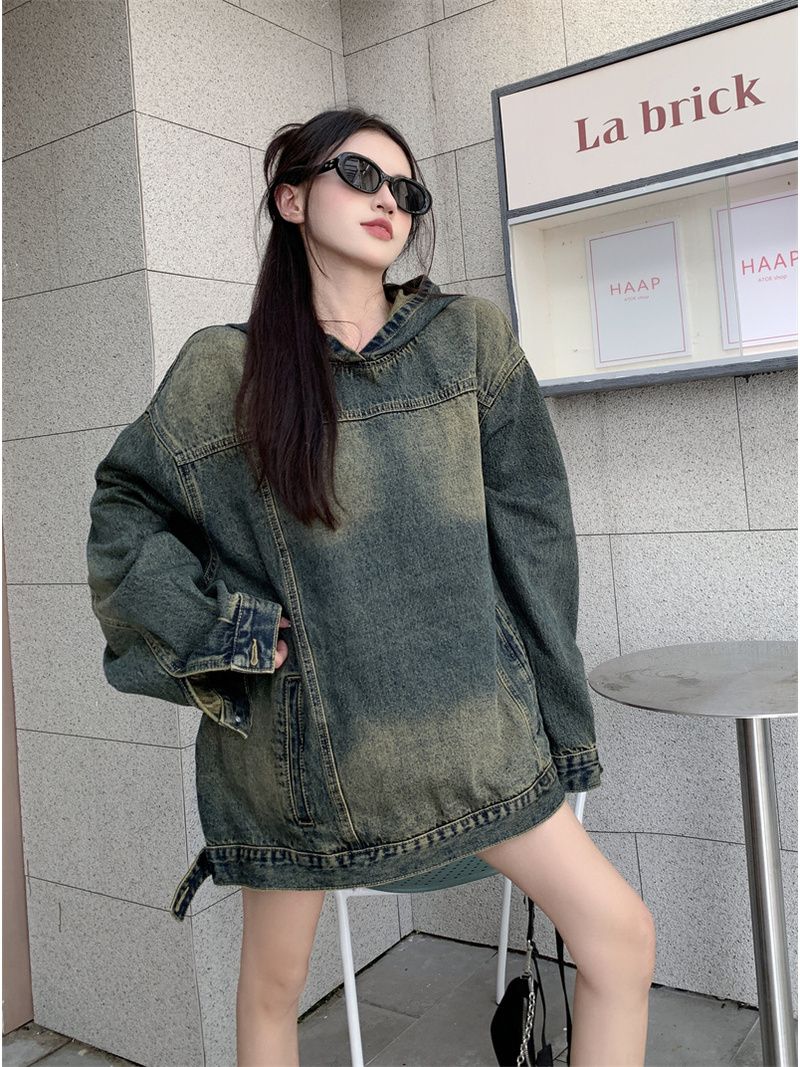 美式小眾設計感水洗做舊外套女2023秋季寬鬆復古休閒連帽牛仔衛衣