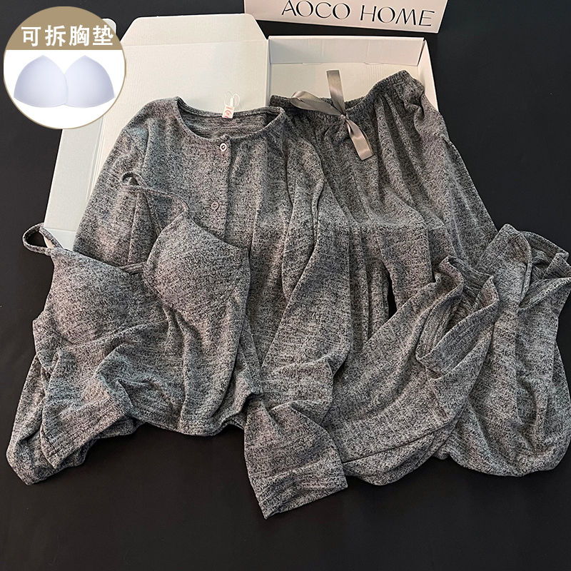 高級感灰色睡衣女款春秋冬季金絲絨三件套吊帶針織棉家居服套裝