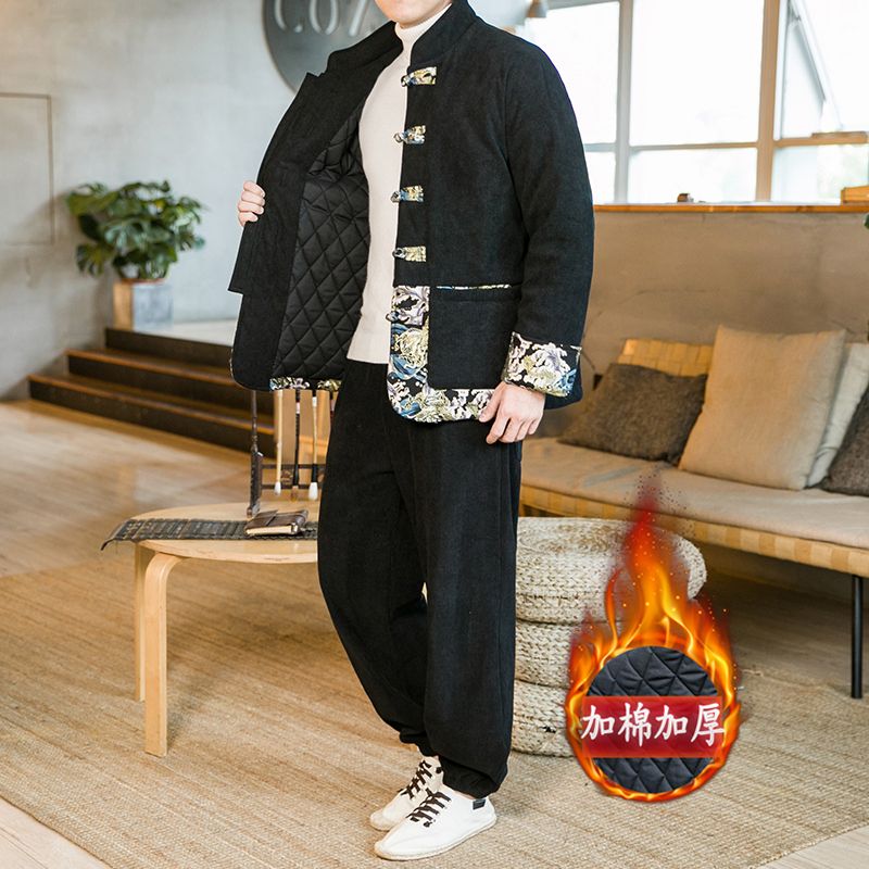 中國風冬裝燈芯絨棉衣倆件套裝加厚保暖外套男式潮牌復古盤扣唐裝