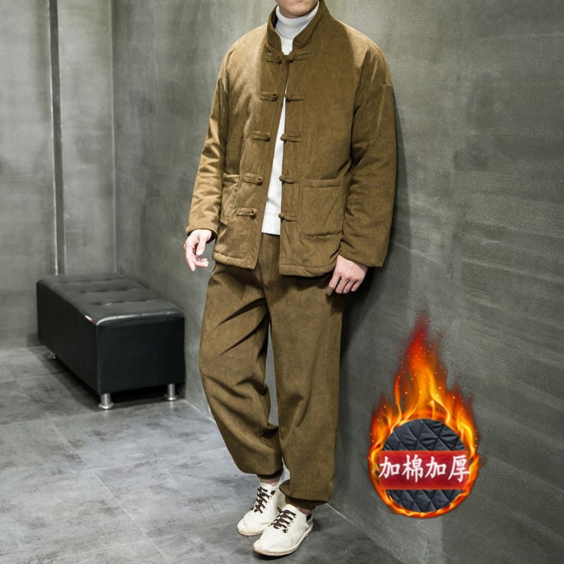 冬季中国风男棉衣套装加厚保暖两件套复古休闲中式盘扣灯芯绒外套