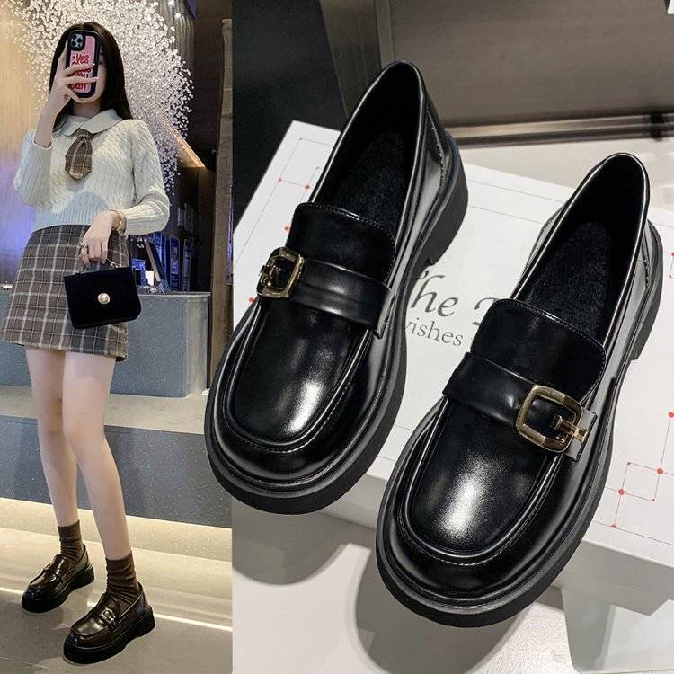 厚底樂福鞋女2023秋冬新款英倫風黑色小皮鞋法式復古瑪麗珍jk單鞋