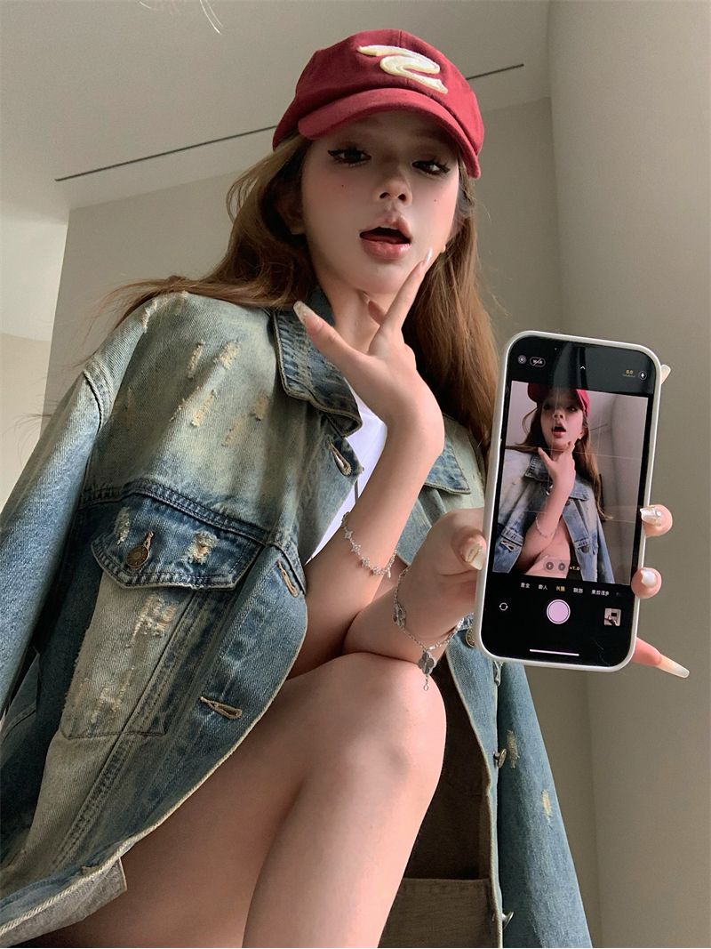 American Retro Distressed Denim Jacket Women's Autumn 2023 New Korean Style Loose Versatile Jacket Top Trendy