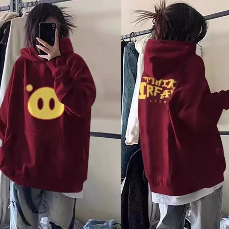 100%重磅純棉酒紅連帽豬豬俠衛衣女秋冬2023新款加絨加厚寬鬆外套