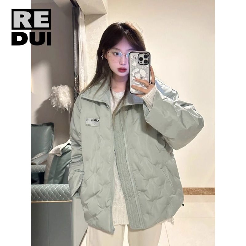 oversized淺綠色小眾設計感羽絨服女冬季壓褶立領加厚情侶外套潮