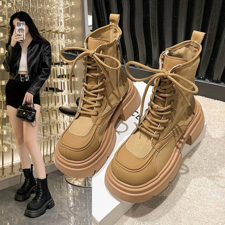 Martin boots for women 2023 new autumn British style thick-soled canvas motorcycle boots mountaineering short boots thin rhubarb boots