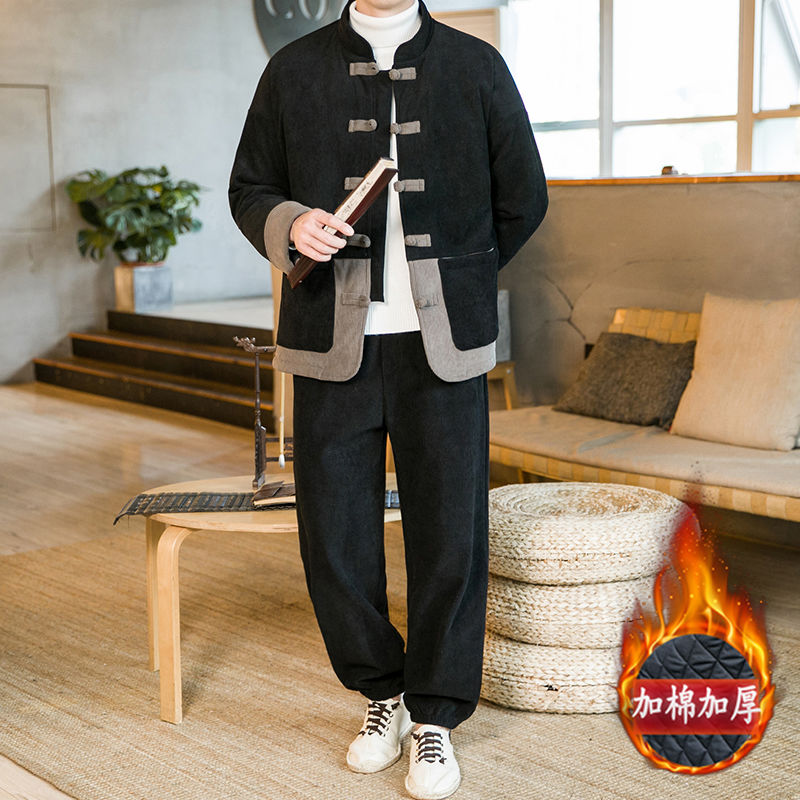 冬季外套男棉服中國風棉衣加厚保暖套裝新中式男裝唐裝燈芯絨棉襖