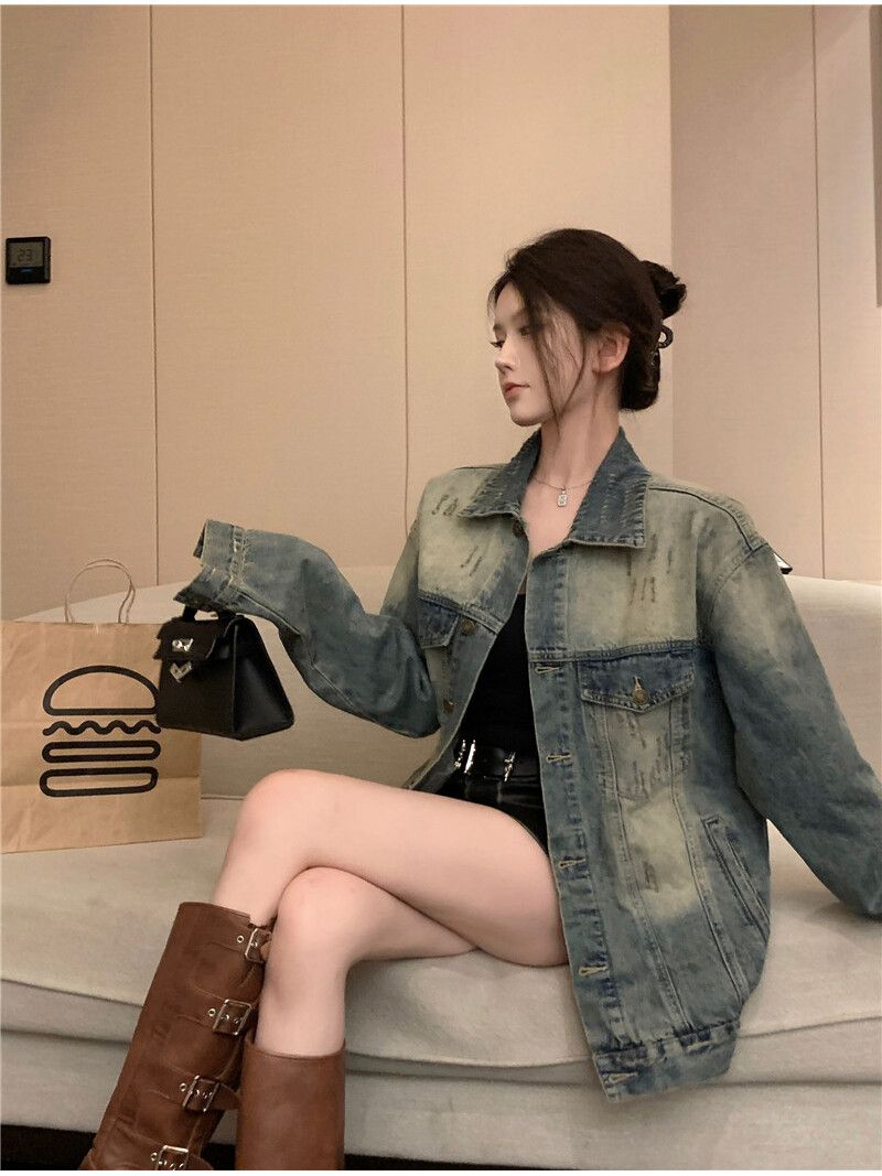 2023 new autumn and winter frayed denim jacket for women, loose and slim, Korean style, lazy style, distressed jacket, trendy top