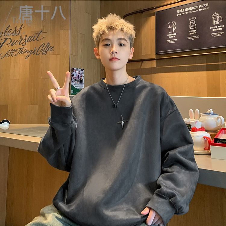 美式復古圓領衛衣男秋冬季潮牌寬鬆休閒外套重磅麂皮絨套頭上衣服