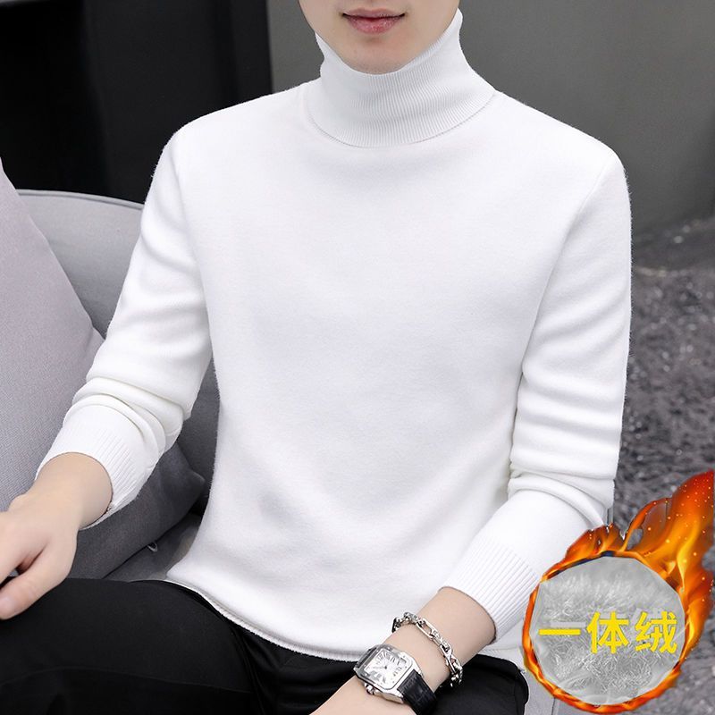 Men's one-piece velvet turtleneck sweater plus velvet thickening winter new solid color knitted top warm clothes sweater