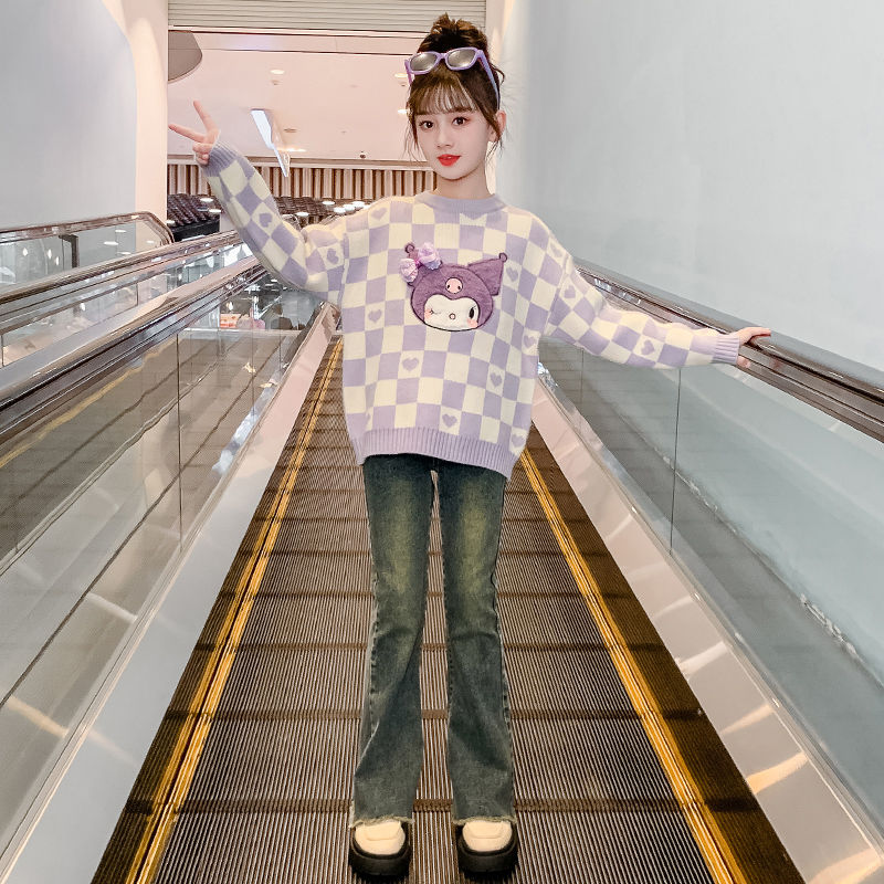 Girls' sweaters autumn and winter 2023 new fashionable children's winter knitted sweaters warm base shirts thickened trendy