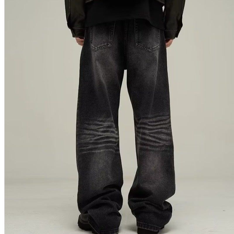 美式vibe复古水洗黑色牛仔裤秋季新款水波纹宽松直筒cleanfit长裤