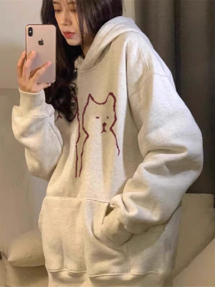 100%重磅純棉衛衣女2023美式復古oversize連帽秋冬加絨加厚外套