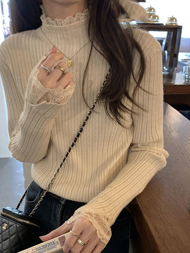 New lace bottoming shirt for women in spring and autumn half turtleneck slim fit sweater apricot long-sleeved sweater top