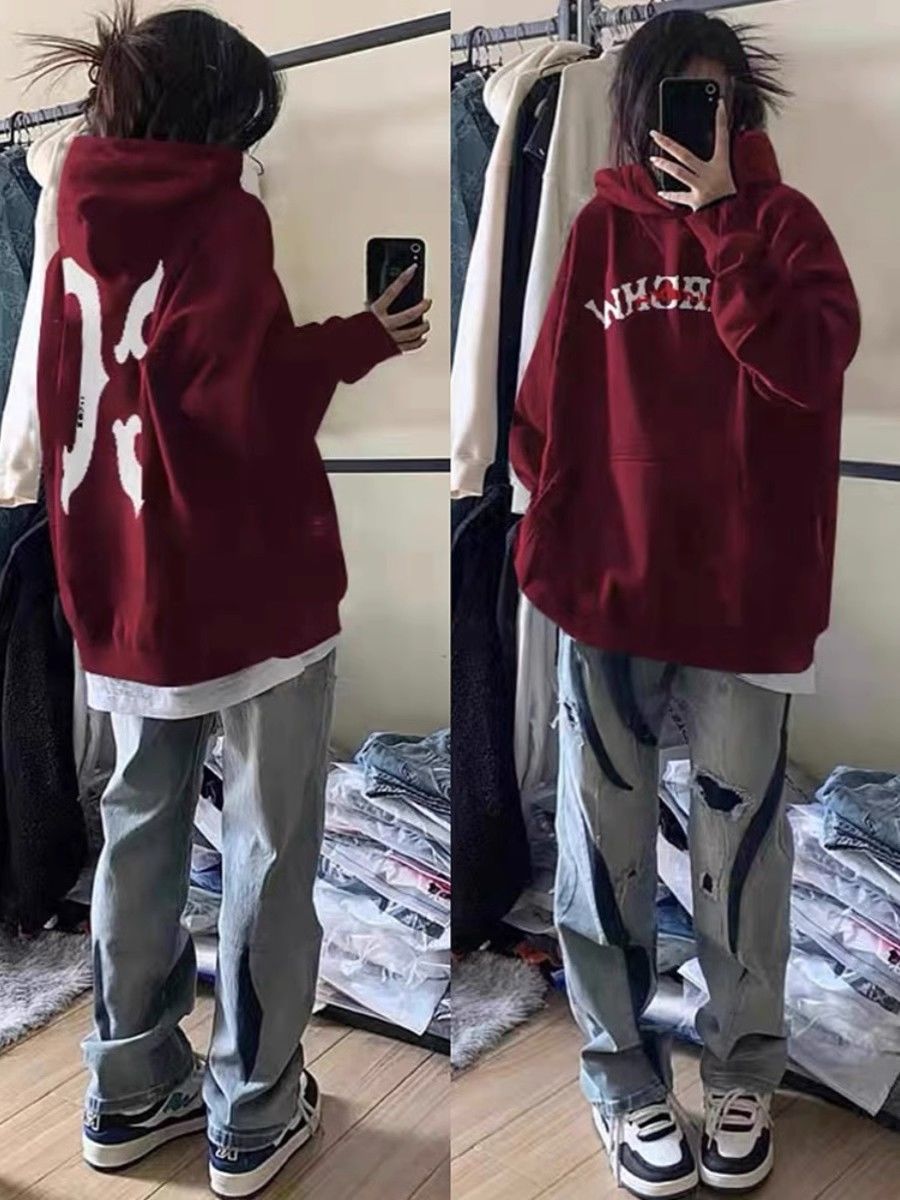 100%重磅純棉美式重磅連帽衛衣女oversize秋冬2023寬鬆慵懶風外套