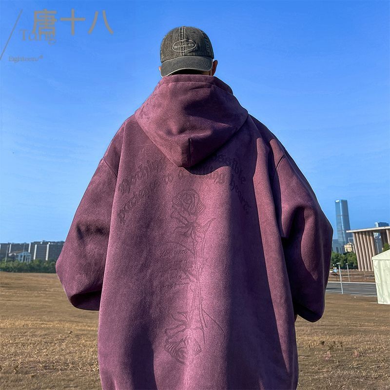 麂皮絨衛衣男秋冬款歐美高街hiphop連帽外套潮牌重磅復古衣服
