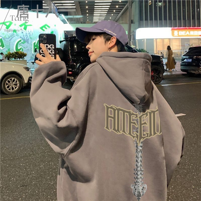 歐美hiphop花灰色連帽衛衣男美式oversize高街潮牌加絨重磅硬挺