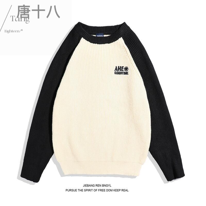 復古刺繡插肩拼色毛衣長袖男女款秋冬季日系圓領針織衫情侶裝外套