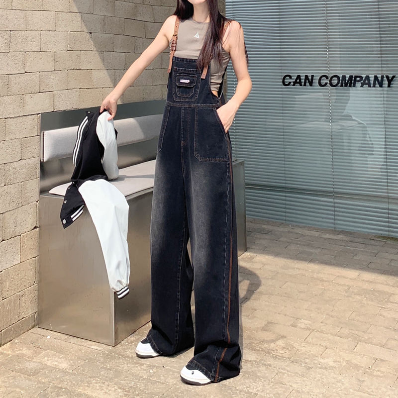 港味復古黑灰背帶褲女秋冬慵懶風ins寬鬆闊腿顯瘦百搭休閒牛仔褲