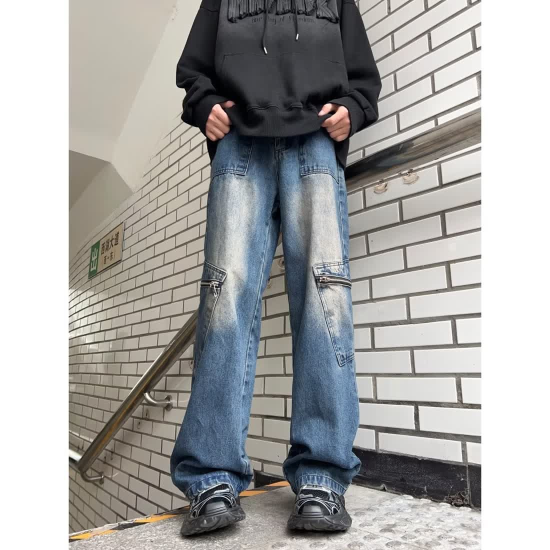 New jeans men's trendy American casual large pocket zipper yellow mud-dyed straight loose vibe high street workwear