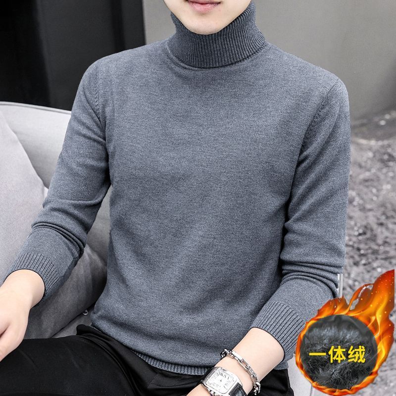 Men's one-piece velvet turtleneck sweater plus velvet thickening winter new solid color knitted top warm clothes sweater