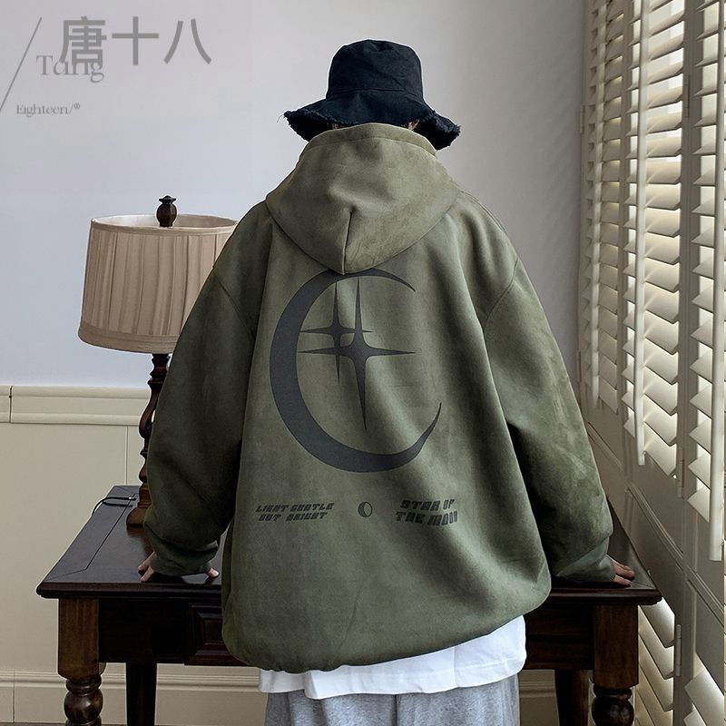 麂皮絨連帽衛衣男秋冬季美式潮牌高街重磅寬鬆休閒套頭帽衫上衣服