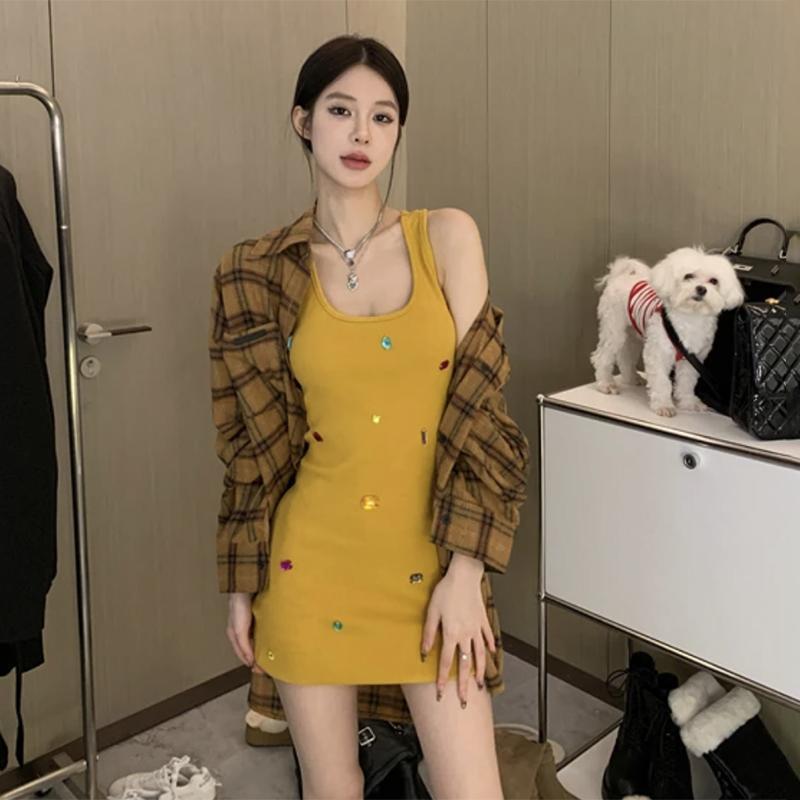 STRIVE/尤美子 微胖mm慵懶風寬鬆格紋襯衫秋女釘鑽背心包臀裙