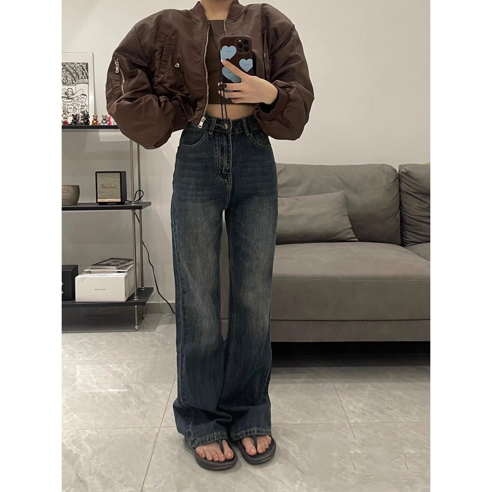 美拉德復古微喇闊腿牛仔褲女秋冬ins新款寬鬆顯瘦高腰拖地褲子潮