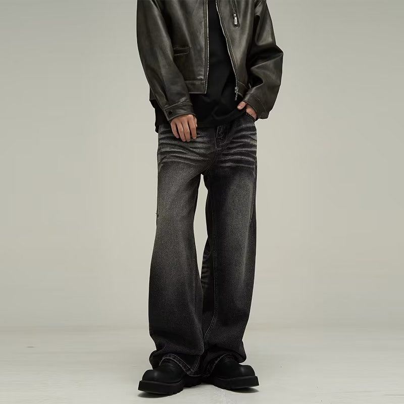 美式vibe复古水洗黑色牛仔裤秋季新款水波纹宽松直筒cleanfit长裤