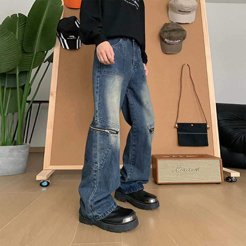 American trendy high street yellow mud-dyed denim trousers for men, trendy retro distressed straight-leg loose washed couple trousers