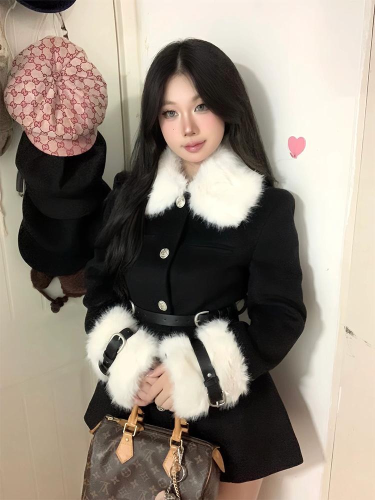 【品牌LALADUDU】胖mm法式高級外套連衣裙女秋冬收腰顯瘦黑色大衣