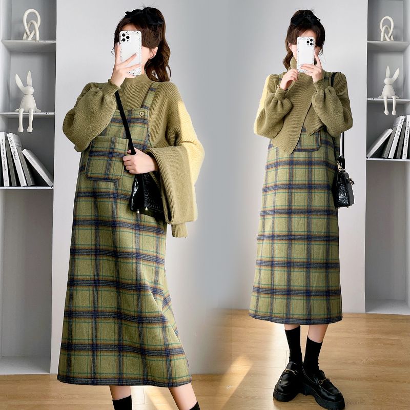 Maternity dress suit women's autumn and winter  new lazy style bottoming shirt sweater covering belly suspender skirt two-piece set